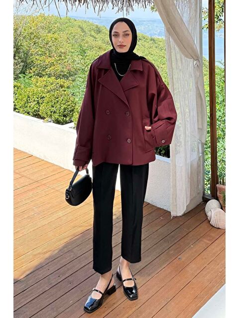 Lamelif Kruvaze Kısa Tesettür Trençkot Bordo - S000518057-19951