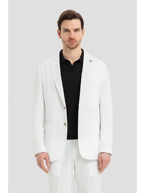 Sabri Özel Mono Yaka Keten Takım Elbise Beyaz