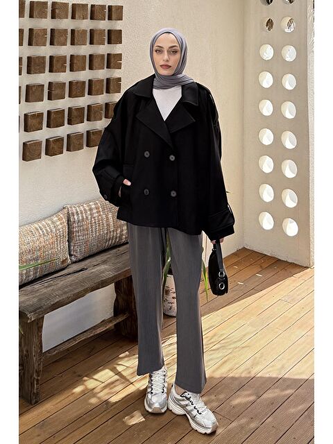 Lamelif Kruvaze Kısa Tesettür Trençkot Siyah