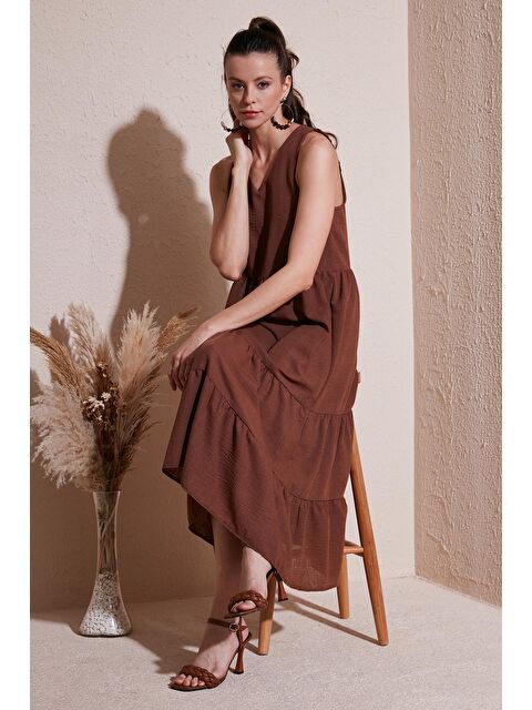 Lela Relaxed Fit V Yaka Volanlı Midi Elbise 611El011 - S000216881-19413