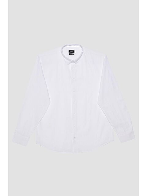 TUDORS Erkek Relax Fit Rahat Kesim %100 Pamuk Keten Doku Beyaz Gömlek