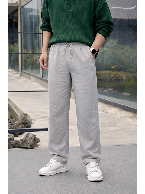 Comstar Erkek Lastikli Trend Basic Bol Gri Keten Pantolon