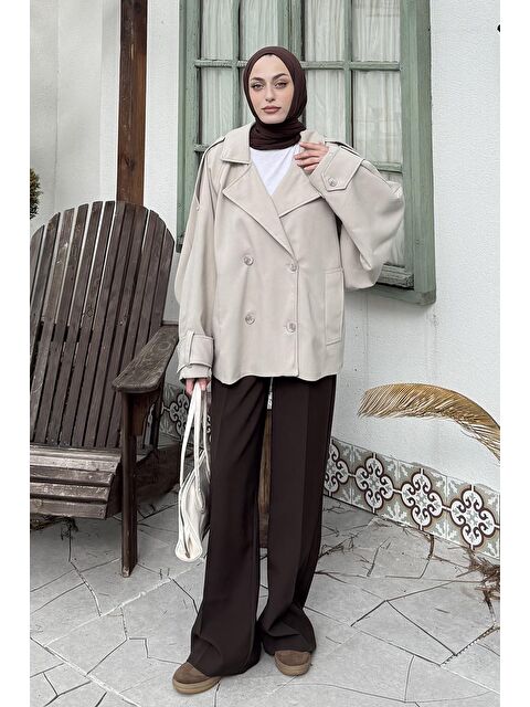 Lamelif Kruvaze Kısa Tesettür Trençkot Taş - S000518057-25636