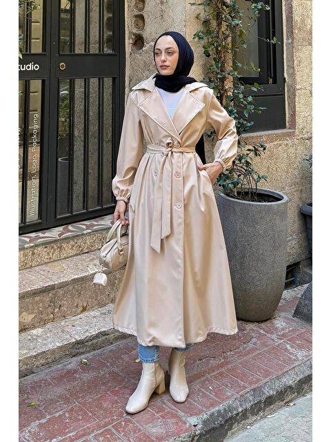 Lamelif Kol Elastik Detaylı Trençkot Taş - S000518063-25636