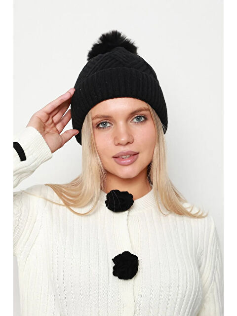 Remsa Kalın Ponponlu İçi Yünlü Kadın Bere RKŞ-17 Siyah - S000297199-19351