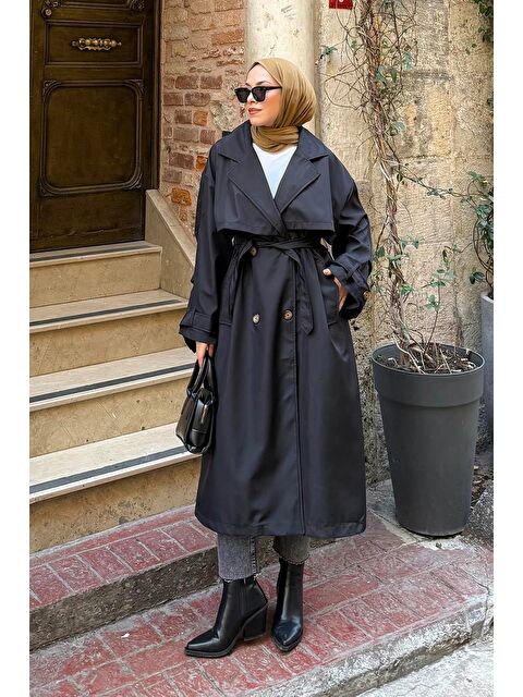Lamelif Kruvaze Oversize Trenç Siyah - S000518067-19351