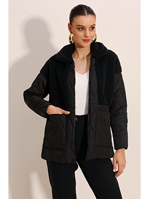 Bigdart 5182 Pelüş Detaylı Oversize Şişme Mont   Siyah - S000119532-19351