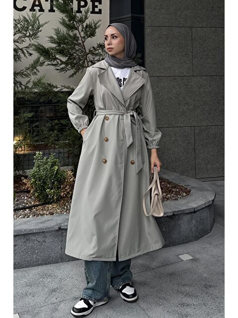 Lamelif Kol Elastik Detaylı Trençkot Mint Yeşili - S000518063-1180