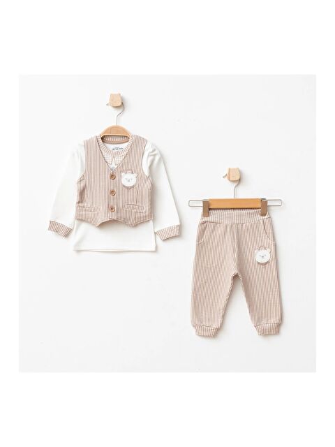 AZİZ BEBE Erkek Bebek Ayı Nakışlı Sweatshirt Yelek Pantolon 3 'lü Alt Üst Bebek Takımı 3 Ay - 36 Ay - S000510634-19928