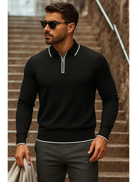 Comstar Erkek Trend Fermuarlı Uzun Kollu Siyah Polo Yaka Kazak
