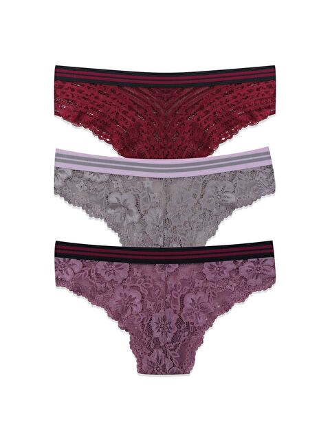 Koza İç Giyim Kadın 3'lü Çizgili Lastikli Dantelli Külot - S000307712-5198