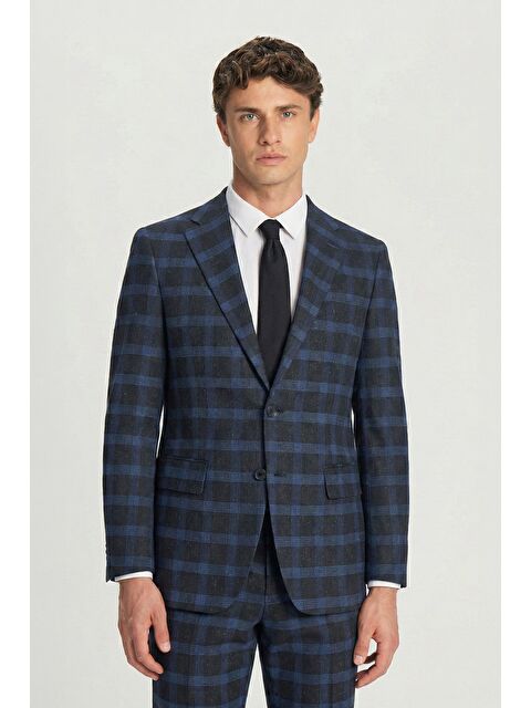 Sabri Özel Giotelli Lacivert Slim Fit Mono Yaka Ekose Desenli Yelekli Takım Elbise - S000524184-29672