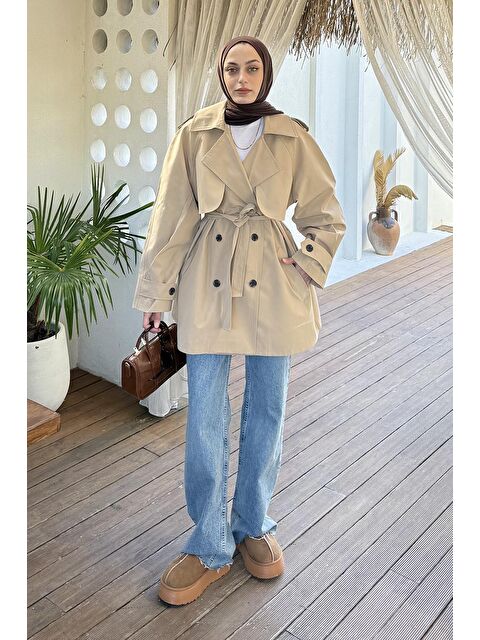 Lamelif Omuz Apoletli Kısa Trençkot Bej - S000518052-19928