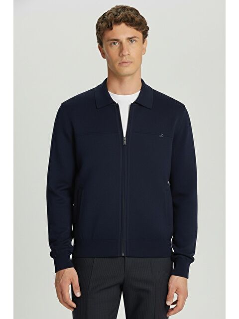 Sabri Özel Lacivert Comfort Fit Yün Karışımlı Polo Yaka Fermuarlı Triko Hırka - S000524185-21164