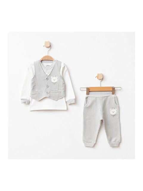 AZİZ BEBE Erkek Bebek Ayı Nakışlı Sweatshirt Yelek Pantolon 3 'lü Alt Üst Bebek Takımı 3 Ay - 36 Ay - S000510634-20600
