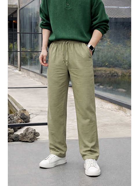 Comstar Erkek Lastikli Trend Basic Bol Yeşil Keten Pantolon