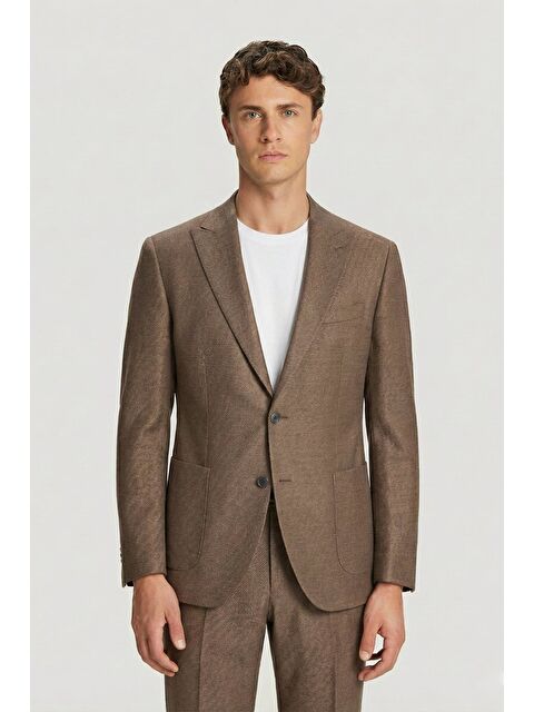 Sabri Özel Erkek Kiremit Slim Fit Diyagonal Desenli Sivri Yaka Kordonlu Takım Elbise - S000524174-18657