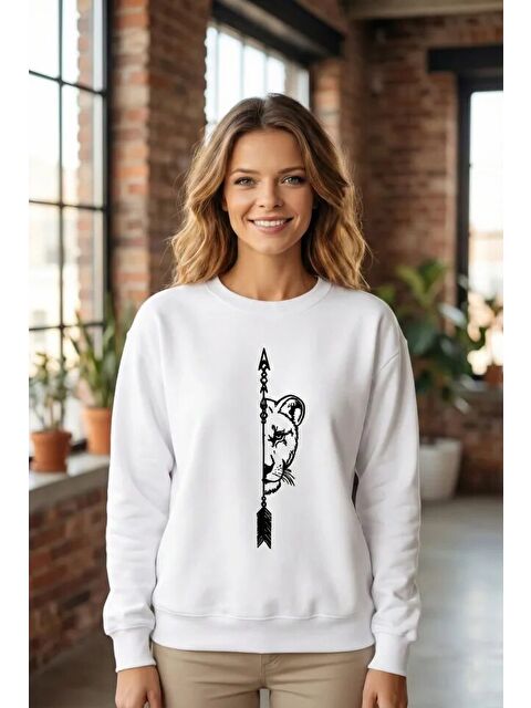 Jane's Sevgililer Günü Özel Bisiklet Yaka Aslan Baskılı Oversize Sweatshirt - Beyaz