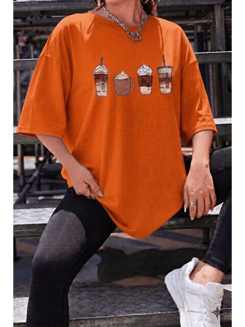 Oksit Coffee Lover Baskılı Unisex Oversize T-Shirt - Büyük Beden Seçenekli