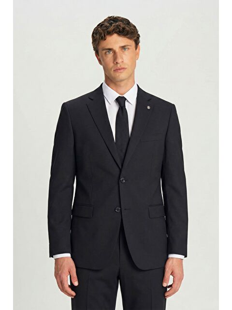 Sabri Özel Erkek Siyah Comfort Fit Armürlü Mono Yaka Kemerli Takım Elbise - S000524201-19351