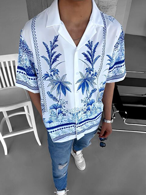 Abluka Online Erkek Oversize Çiçek Desenli Küba Yaka Kısa Kol Gömlek Ekru - S000240395-19965
