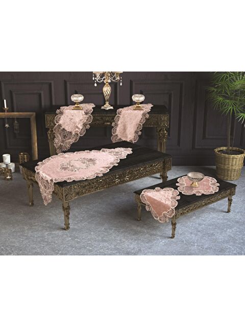 Çeyiz Diyarı Fransız Güpürlü Yasemin Kadife Salon Takımı 5 Parça Pudra - S000496359-7152