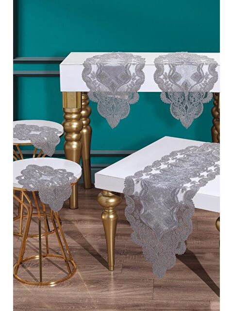 Çeyiz Diyarı Fransız Güpürlü Kadife Midye Salon Takımı 5 Parça Gri - S000496363-20600