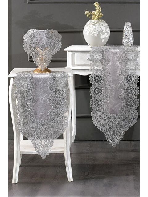 Çeyiz Diyarı Fransız Güpürlü Kadife Luna Salon Takımı 5 Parça Gri - S000496366-20600