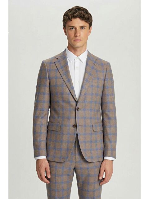 Sabri Özel Giotelli Vizon Slim Fit Mono Yaka Ekose Desenli Yelekli Takım Elbise - S000524189-26429