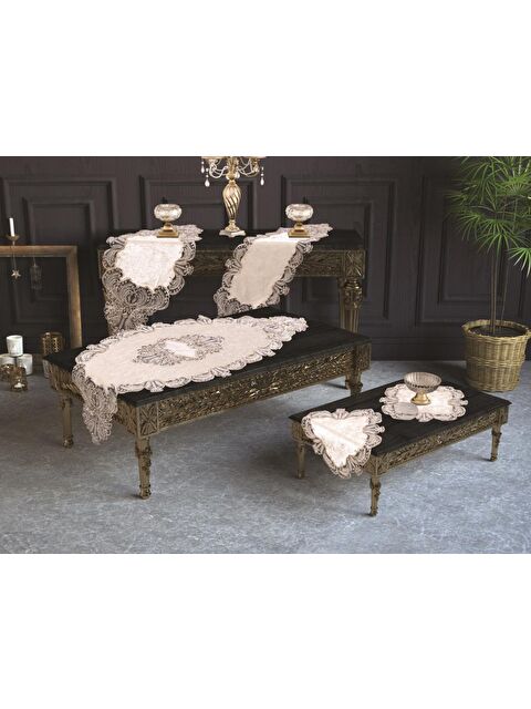 Çeyiz Diyarı Fransız Güpürlü Yasemin Kadife Salon Takımı 5 Parça Krem Gümüs - S000496373-23173