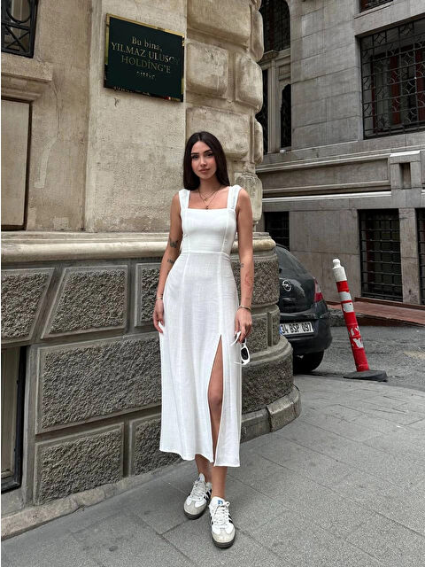 Hazelin Kadın Beyaz Arkadan İp Bağlamalı Yırtmaç Detaylı Keten Elbise HZL25S-ZK11241 - S000375803-20063