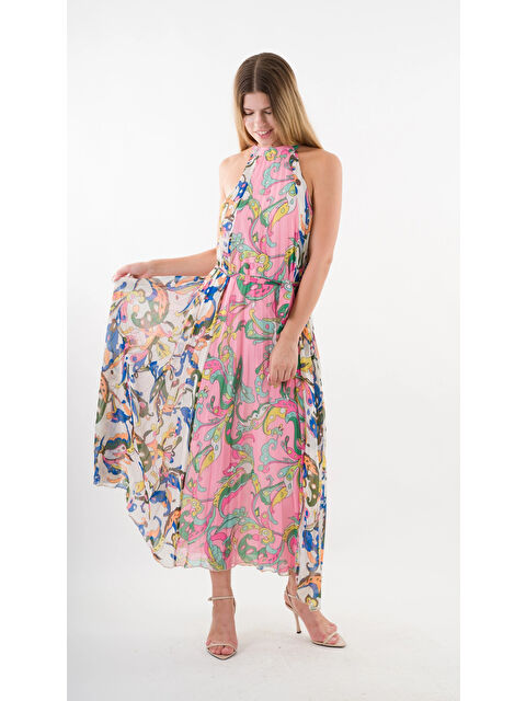 Hazelin Kadın Çok Renkli Bloklu Yaprak Desenli Halter Yaka Kuşaklı Astarlı Uzun Elbise HZL24S-YY233 - S000443032-37444