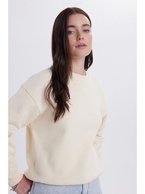 TUDORS Kadın Oversize Geniş Kesim Pamuklu Bisiklet Yaka Taş Sweatshirt - S000523079-25636