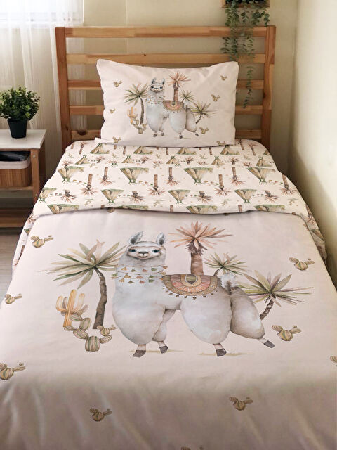 Evmila Lama Desenli Çarşafsız 2 li Takım Baskılı Tek Kişilik Nevresim Takımı 160x220 cm Beyaz - S000291275-23173