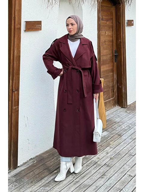 Lamelif Fleto Cep Omuz Apoletli Trençkot Bordo - S000518069-19951