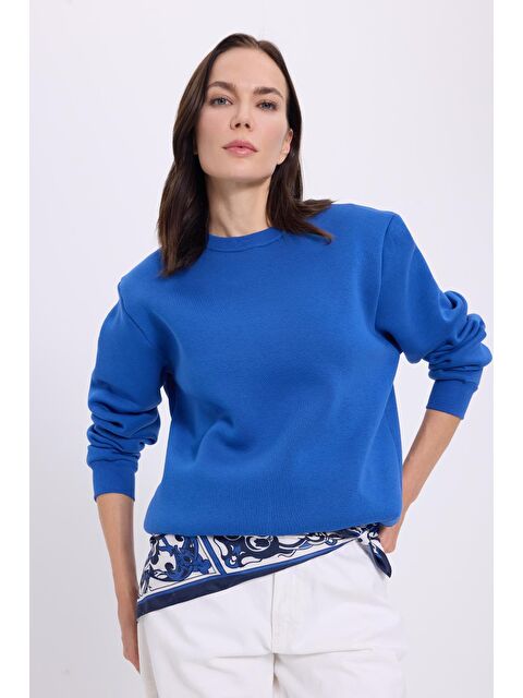 TUDORS Kadın Oversize Geniş Kesim Pamuklu 3 İplik İçi Polarlı Basic Mavi Bisiklet Yaka Sweatshirt - S000523083-17234