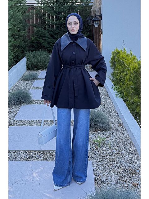 Lamelif Garni Yaka Trençkot Lacivert - S000518076-21164