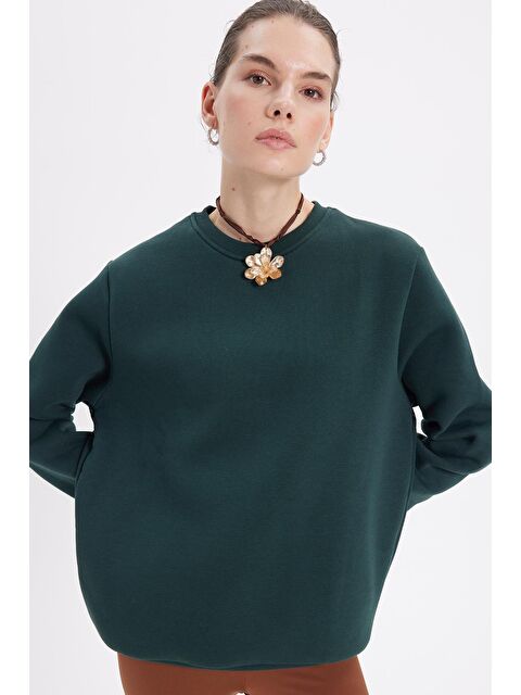 TUDORS Kadın Oversize Geniş Kesim Pamuklu 3 İplik İçi Polarlı Basic Yeşil Bisiklet Yaka Sweatshirt - S000523329-18194