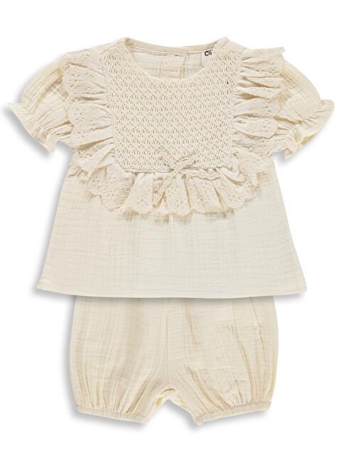 Civil Baby Kol Büzgülü Roba Dantelli 6-18 Ay Takım - Bej