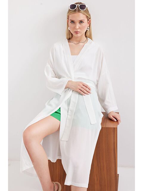 Bigdart 5835 Yırtmaçlı Yazlık Kimono - Beyaz - S000230656-20063