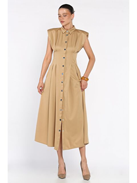 Gülseli Pileli Ön Çıtçıtlı Sıfır Kol Kadın Elbise - S000402229-19928