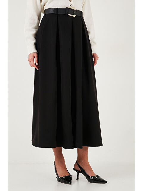 Lela Modest Kemerli Comfort Fit Yüksek Bel Pileli Kloş Uzun Tesettür Etek 6833360 - S000463885-19351