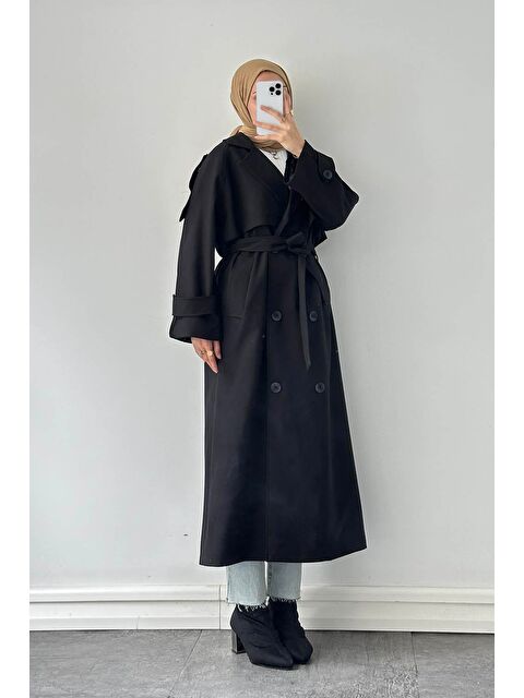 Lamelif Fleto Cep Omuz Apoletli Trençkot Siyah