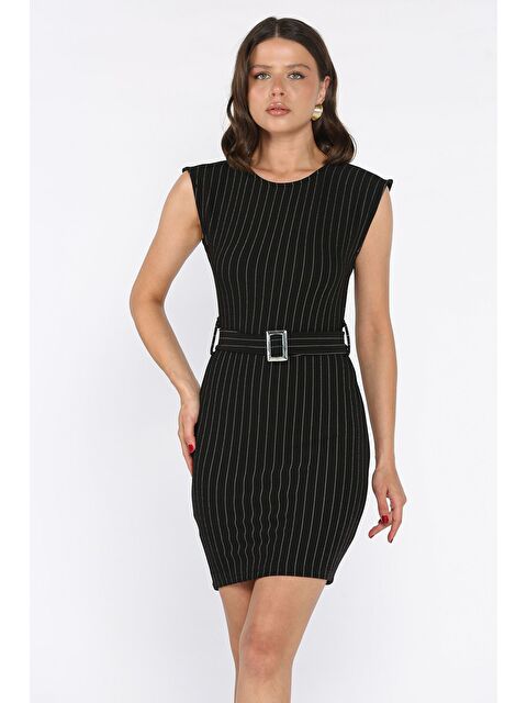 Gülseli Kemerli Çizgi Desenli Kadın Elbise - S000402235-19351