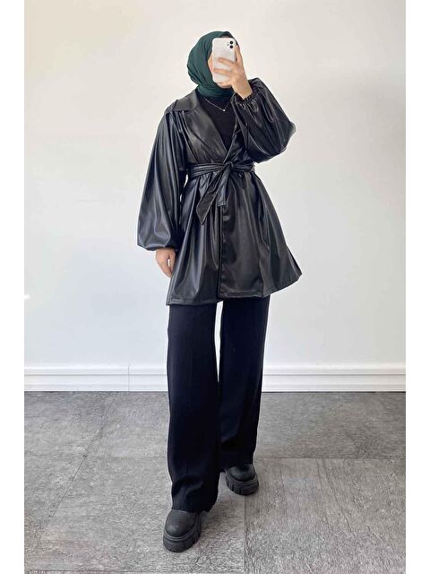 Lamelif Kruvaze Yaka Deri Trenç Siyah - S000518047-19351