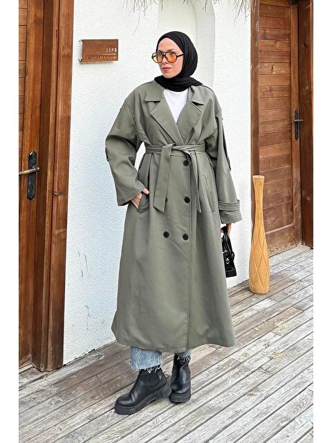 Lamelif Uzun Apoletli Trenç Haki - S000518079-18547