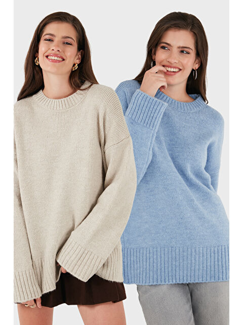 Lela Regular Fit Bisiklet Yaka Basic 2'li Paket Triko Kazak 4616213S2 - S000463891-37370