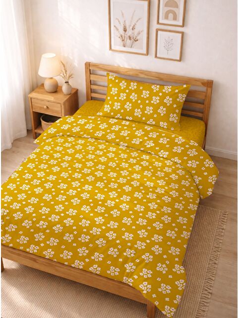 Milbay Grup Tek Kişilik Sarı Papatya Desenli Çift Taraflı Pamuklu Nevresim Takımı (Çarşafsız)