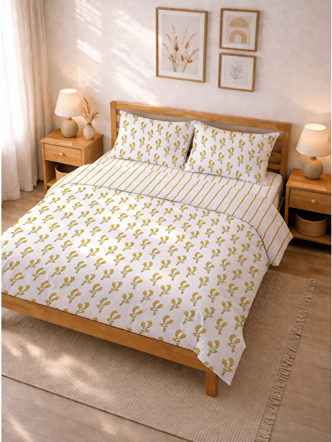 Milbay Grup Çift Kişilik Mimoza Çiçekli ve Çizgili Pamuklu Nevresim Takımı - 2000x220 cm (Çarşafsız)
