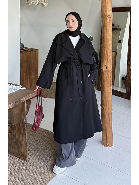 Lamelif Bağlama Detaylı Trençkot Siyah